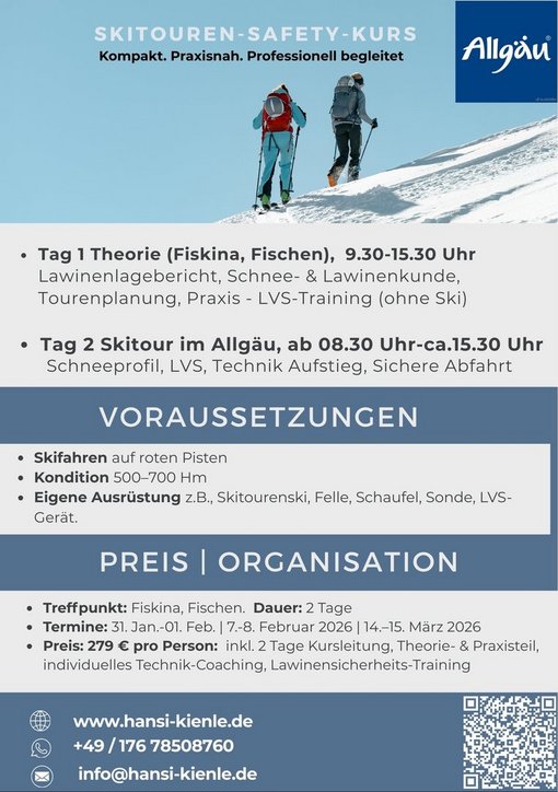 skitouren-safety-kurs-allgaeu-flyer-rueckseite-hansi-kienle.jpg Flyer-Rückseite des Skitouren-Safety-Kurses mit Skitourengehern im Aufstieg und Informationen zu Theorie, Praxistag, Voraussetzungen und Preis.