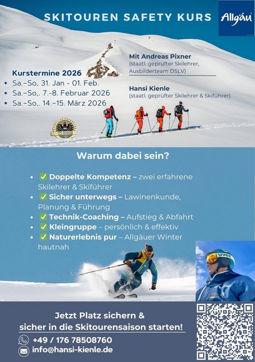 skitouren-safety-kurs-allgaeu-flyer-vorderseite-hansi-kienle.jpg Flyer zum Skitouren-Safety-Kurs im Allgäu mit Skitourengehern im Aufstieg und Kursinformationen.