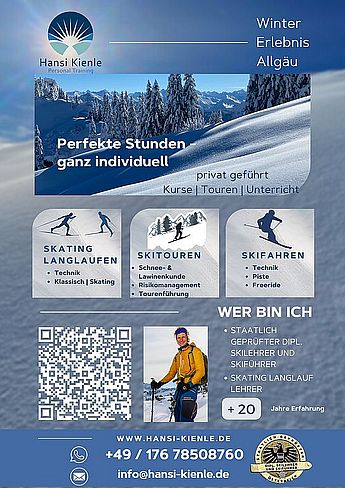 Skitour, Skiführer, staatlich geprüfter dipl. Skiführer, Skilehrer, Skiguide, Allgäu, Kleinwalsertal, Tannheim, Guide, Hochtour, Führer. Werbeplakat und Flyer für geführte Skitouren mit Skiführer, Privatskilehrer im Allgäu und Langlauf-, Skatingkurse.