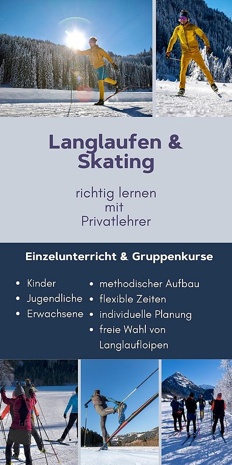 Skilehrer, Privatskilehrer, Skischule, Langlauflehrer, Skikurs für Kinder und Erwachsene, Langlaufschule, Skating-Lehrer, Allgäu, Tirol, Vorarlberg. Winter im Allgäu mit einem Langläufer zum lernen der Technik im Langlaufunterricht