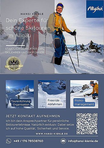 Skitour, Skiführer, staatlich geprüfter dipl. Skiführer, Skilehrer, Skiguide, Allgäu, Kleinwalsertal, Tannheim, Guide, Hochtour, Führer. Skitouren im Allgäu mit Skiführer und Skiguide in deiner Anzeige für Kunden und Gäste.