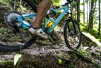 E-Bike Guide, Fahrradguide, E-MTB Guide, geführte Fahrradtouren im Allgäu, Techniktraining, Fitnesstrainer, Funktionelles Training, Thai Yoga Massage, Ayurveda Waldwege, S0-S1, teilweise S2. Fully E-MTB auf einem Trail auf einer Allgäu Bike Tour mit Guide.